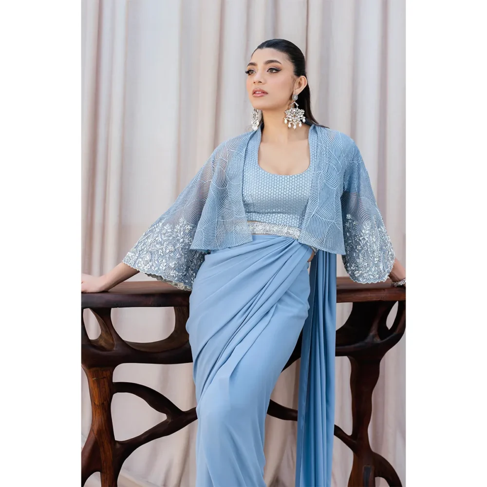 Belted Design "Modern waist-enhancing belt featured on the Sky Blue Fusion Saree, adding a contemporary touch to the traditional design."