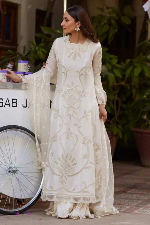 White Kora Silk Kalidaar with Resham Appliqué and Organza Dupatta