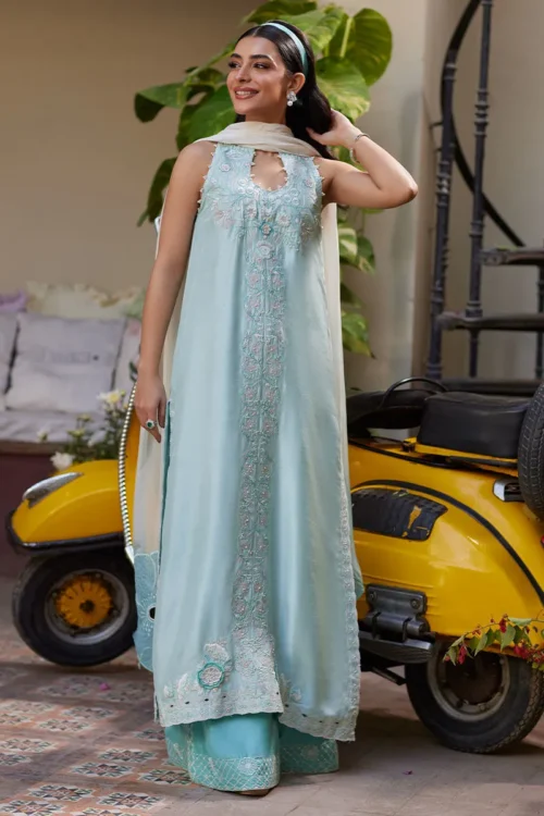 Ice Blue Raw Silk Halter Neck Top with Monochrome Appliqué