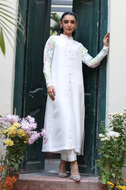 Ivory Raw Silk Shirt with Pastel Floral Appliqué and Sequins