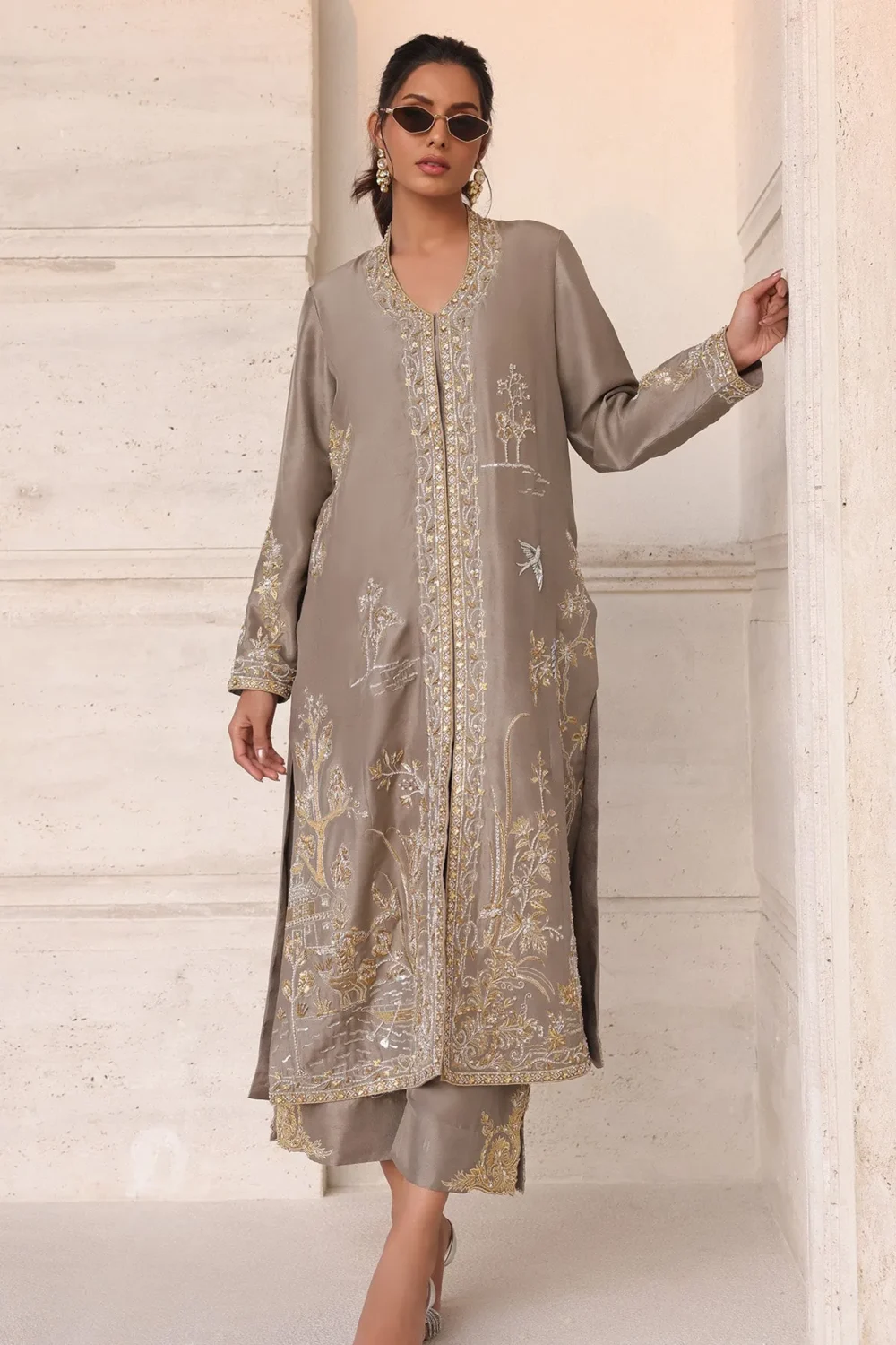 Mouse grey long raw silk jacket with intricate embroidery and gold accents