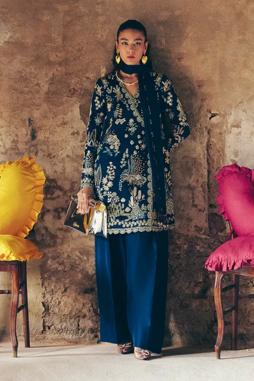 Midnight Blue Silk Angrakha Short Shirt with Shikargah Embroidery