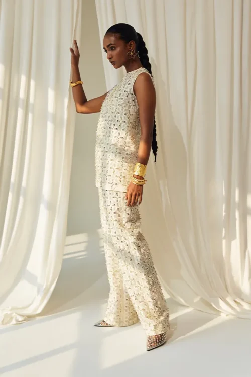 Smoldering Pearl White Organza Separates with Multi-Colored Embellishments
