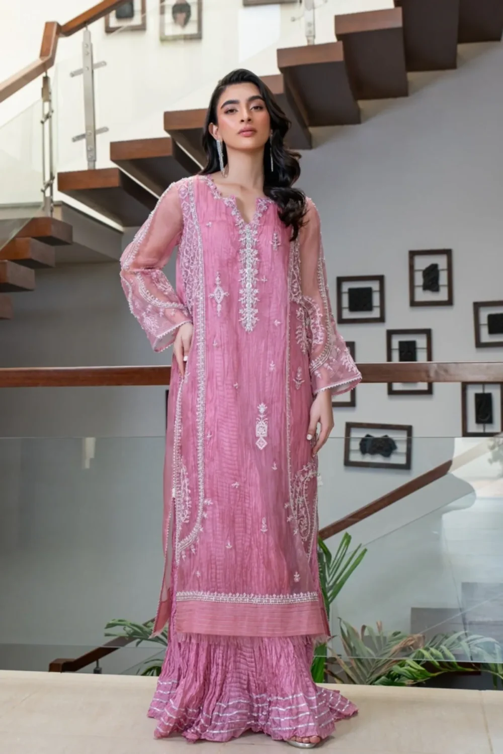 Ivory Organza shirt with handwork and sparkling stones, styled with a crushed inner lehenga