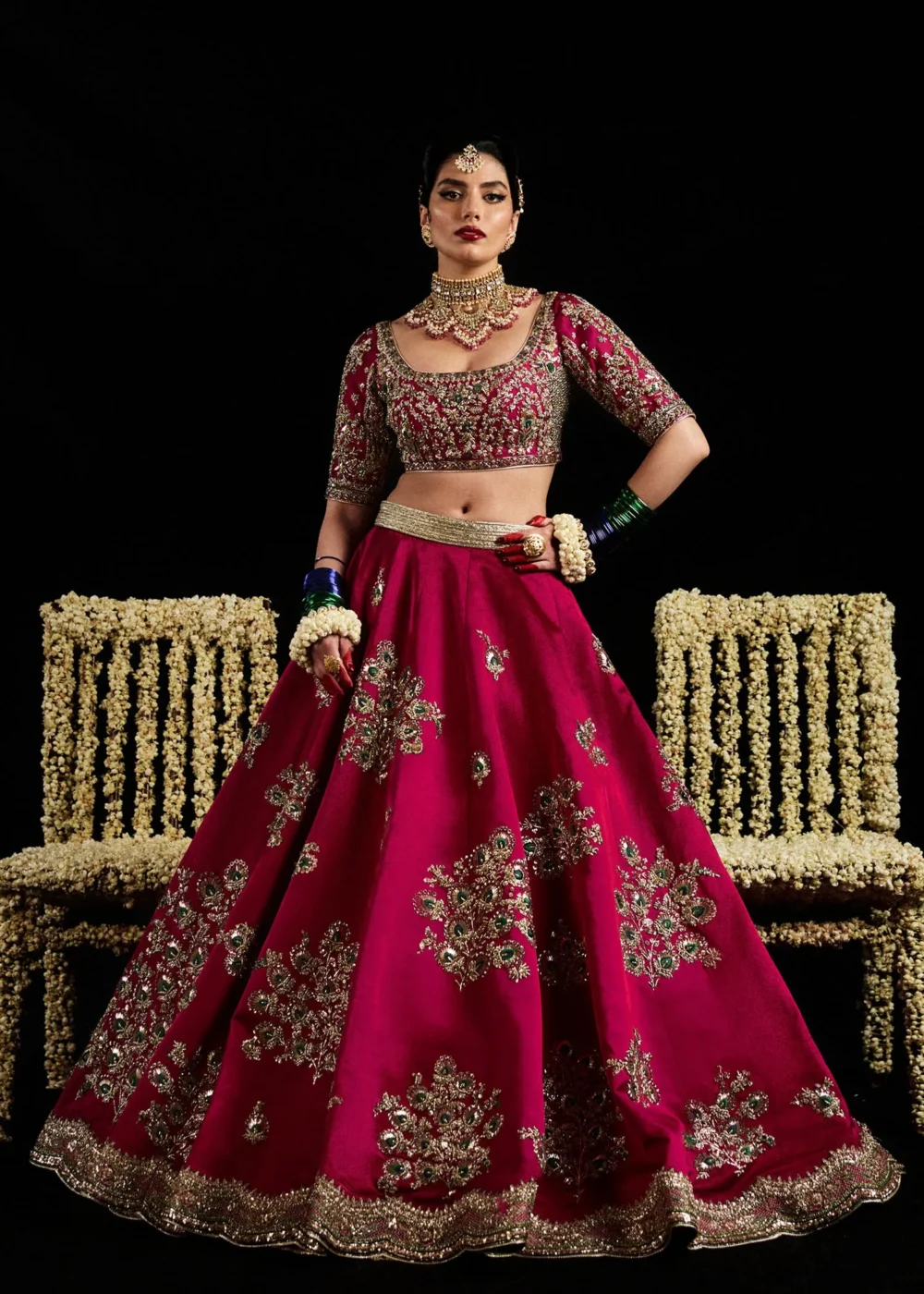 Deep Pink Satin Silk Lehenga with Intricate Hand-Embellishments