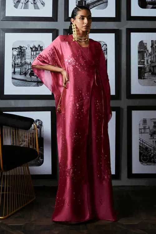 French Pink Tissue Silk Kaftan with Hand-Embroidered Embellishments