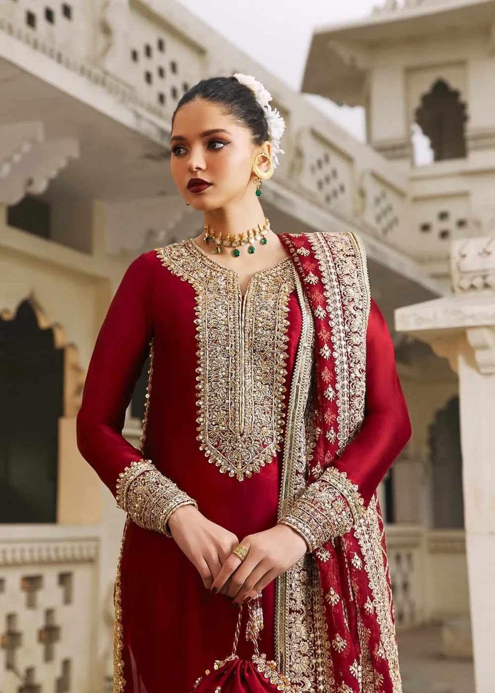 "Berry Red Tissue Silk Shirt with Embroidered Borders and Dupatta"