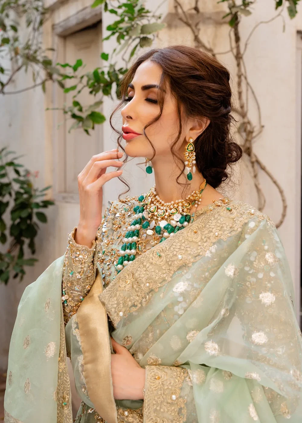 Mint Green Hand-Embellished Frock with Lehenga and Dupatta"
