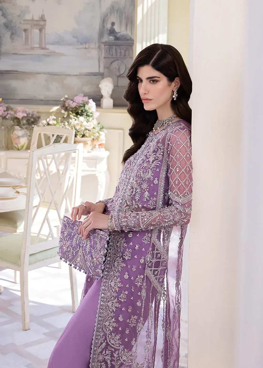 "Lilac Organza Gown with Intricate Embroidery and Flared Pants"