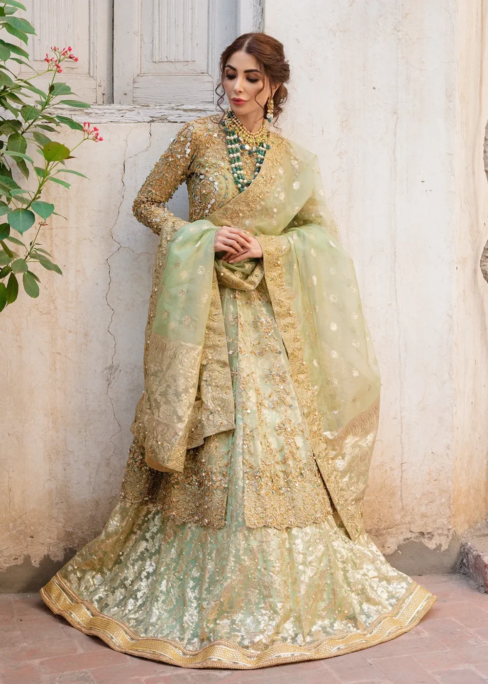 Mint Green Hand-Embellished Frock with Lehenga and Dupatta"