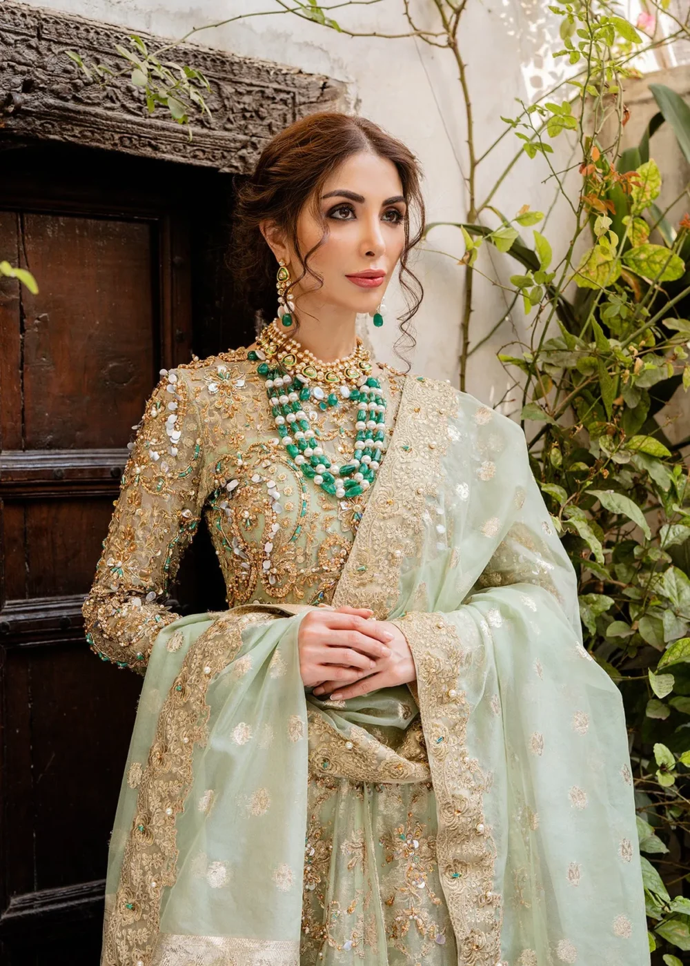 Mint Green Hand-Embellished Frock with Lehenga and Dupatta"
