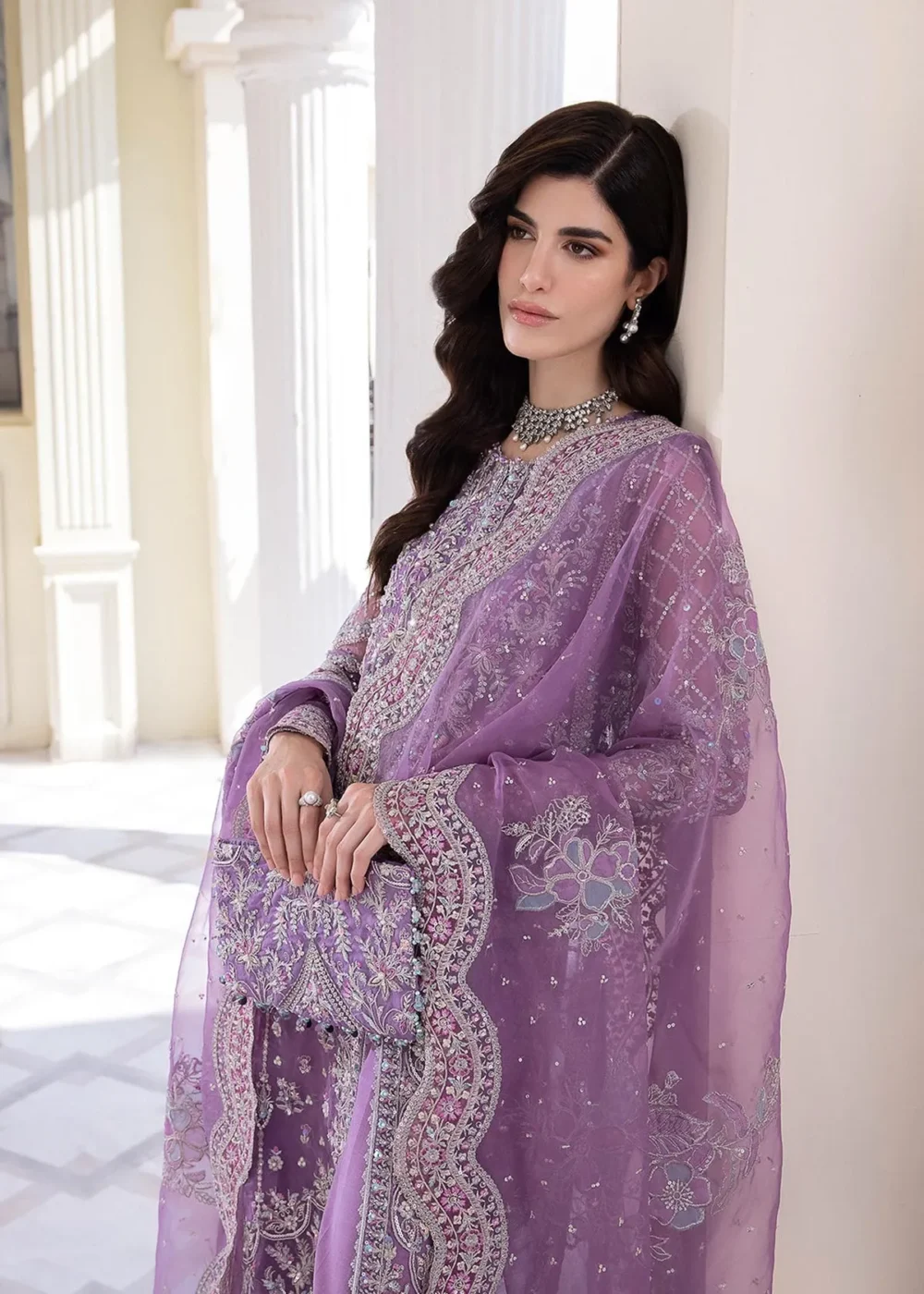 "Lilac Organza Gown with Intricate Embroidery and Flared Pants"