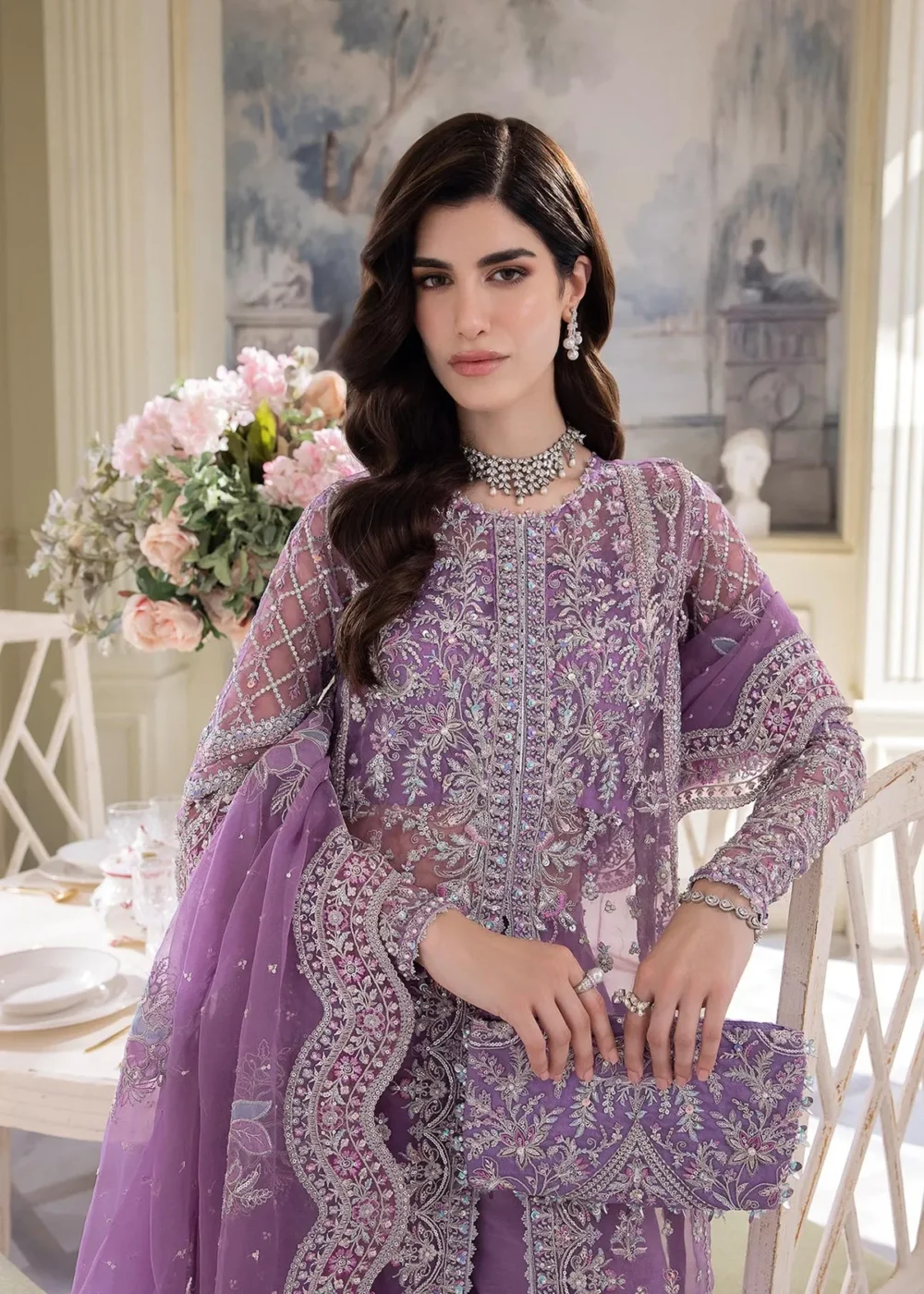 "Lilac Organza Gown with Intricate Embroidery and Flared Pants"
