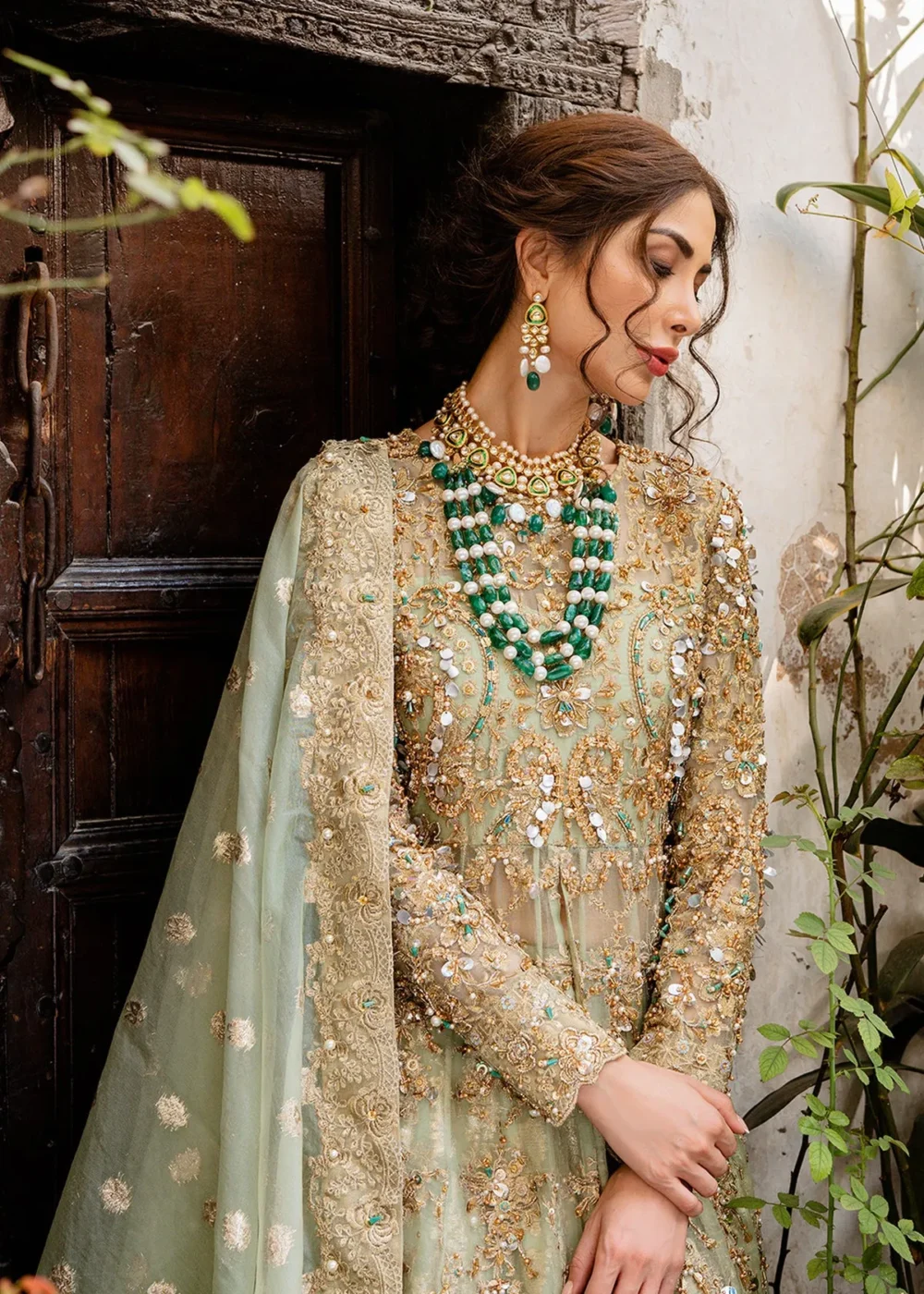 Mint Green Hand-Embellished Frock with Lehenga and Dupatta"