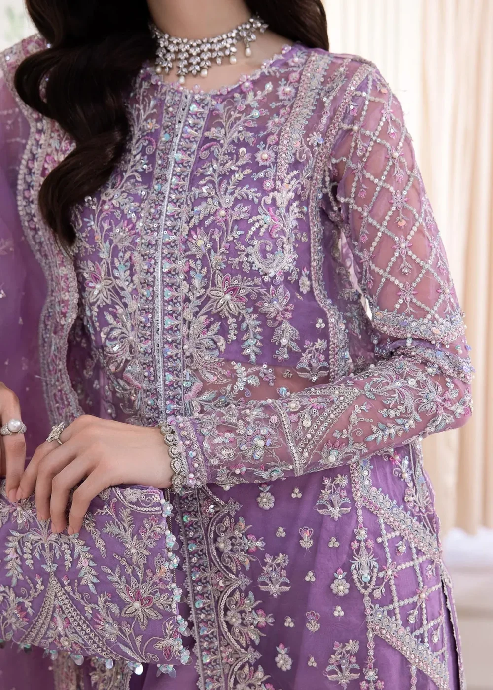 "Lilac Organza Gown with Intricate Embroidery and Flared Pants"