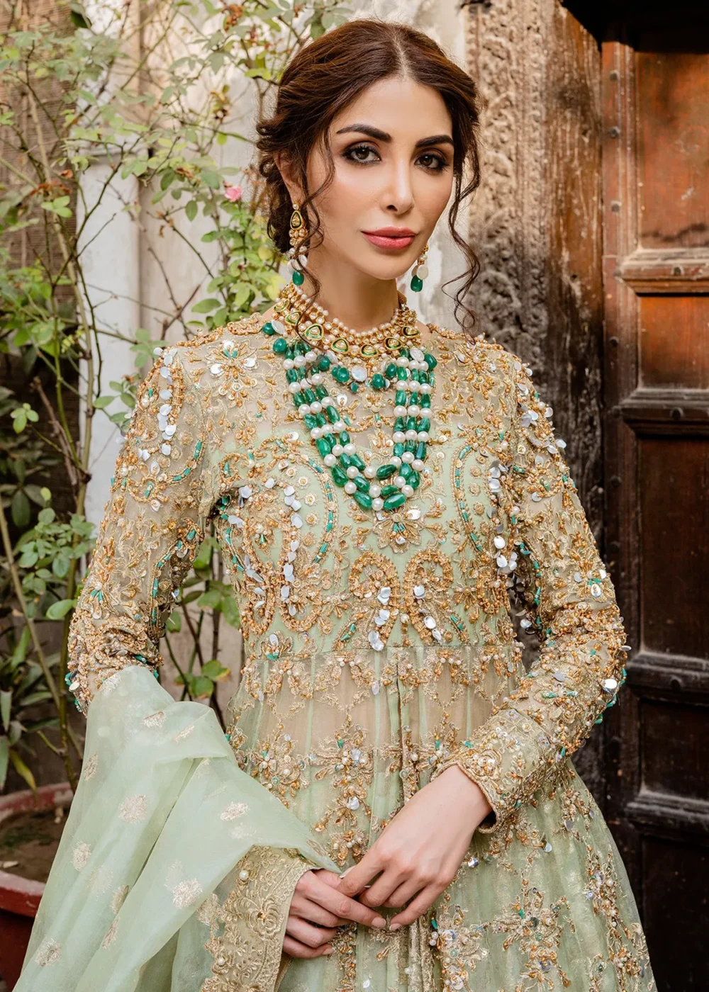Mint Green Hand-Embellished Frock with Lehenga and Dupatta"