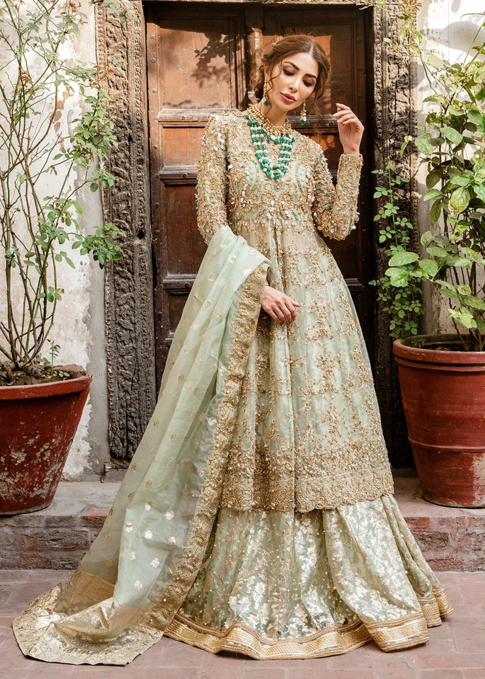 Mint Green Hand-Embellished Frock with Lehenga and Dupatta"