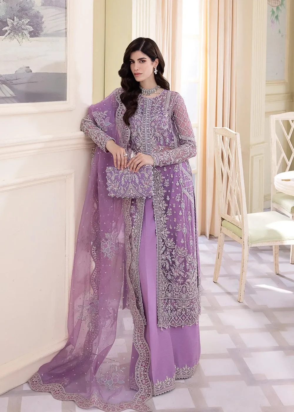 "Lilac Organza Gown with Intricate Embroidery and Flared Pants"