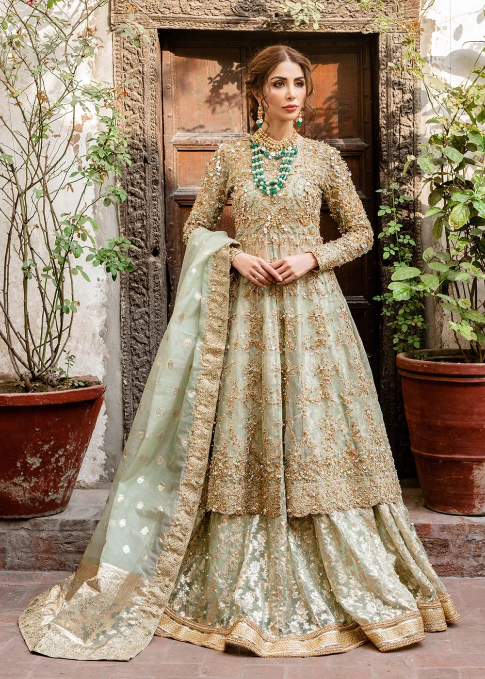 Mint Green Hand-Embellished Frock with Lehenga and Dupatta"