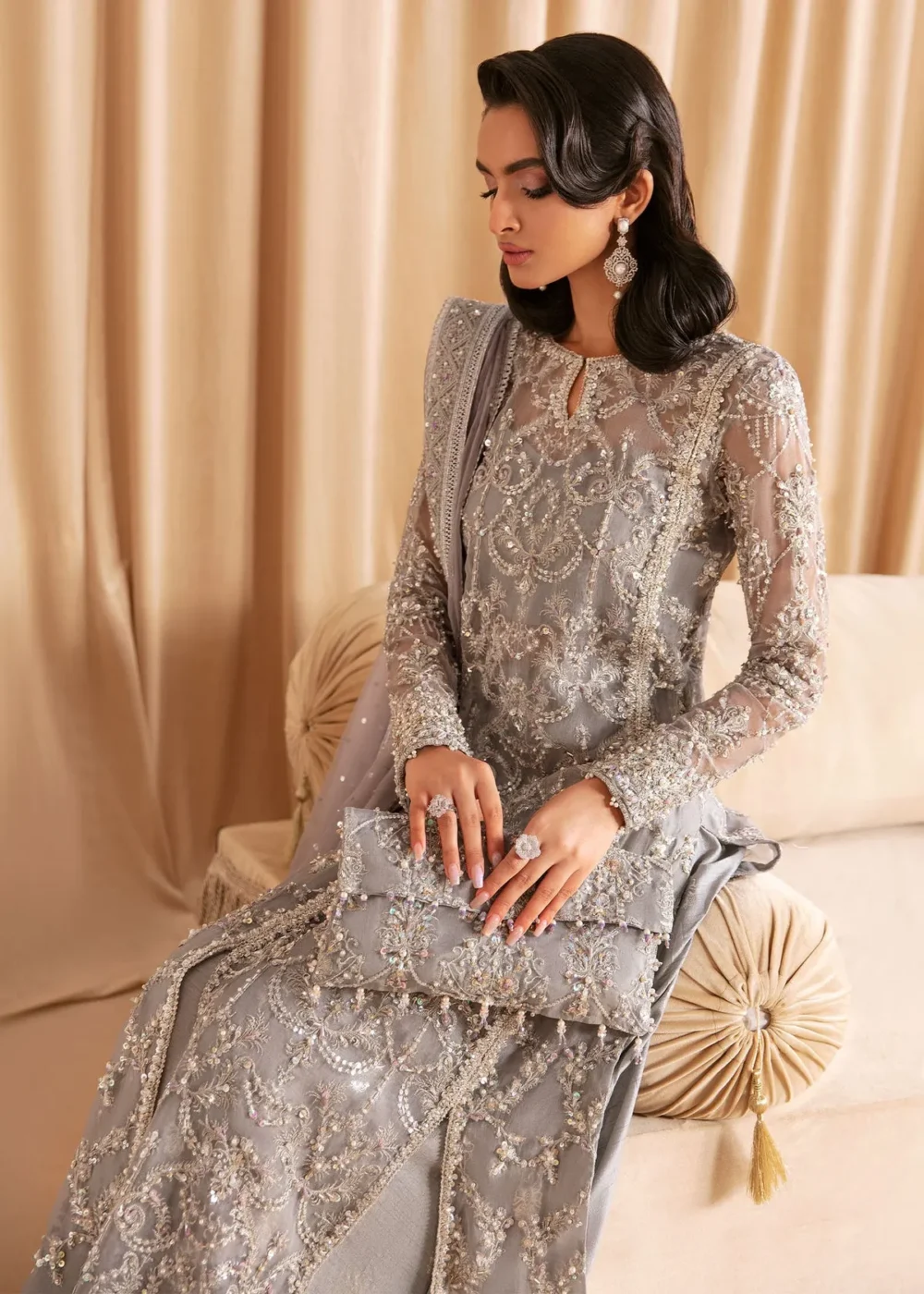 "Grey Embroidered Organza Long Shirt with Silver Details and Flared Pants"