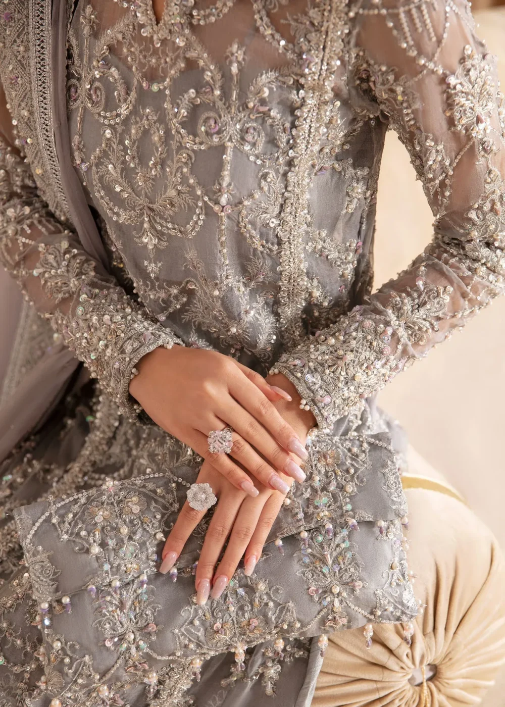"Grey Embroidered Organza Long Shirt with Silver Details and Flared Pants"