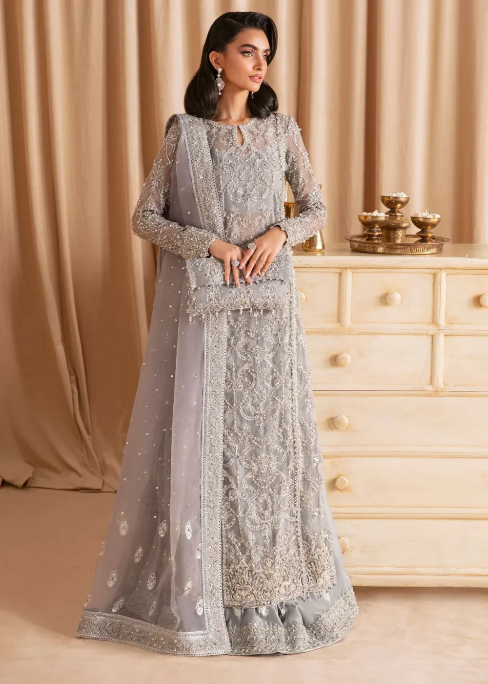 "Grey Embroidered Organza Long Shirt with Silver Details and Flared Pants"
