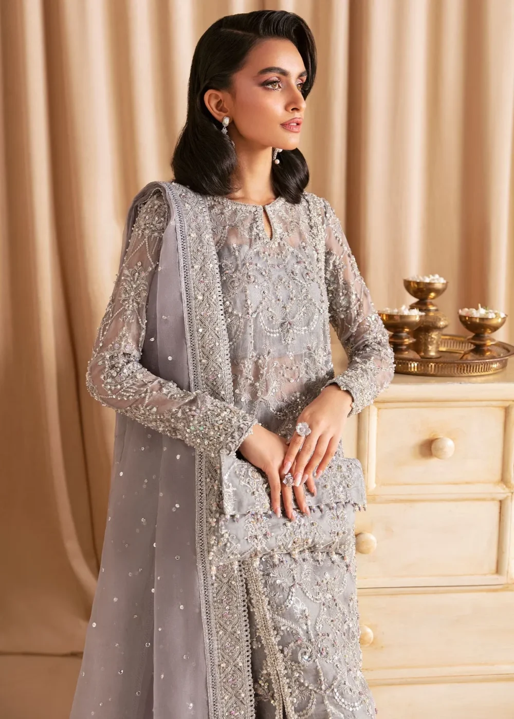 "Grey Embroidered Organza Long Shirt with Silver Details and Flared Pants"
