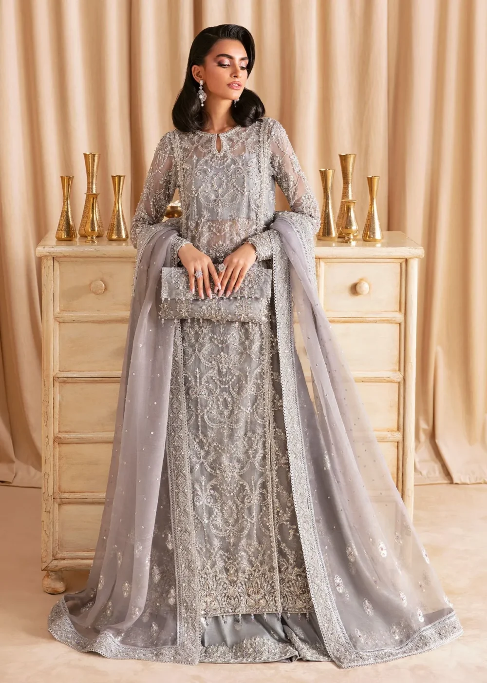 "Grey Embroidered Organza Long Shirt with Silver Details and Flared Pants"
