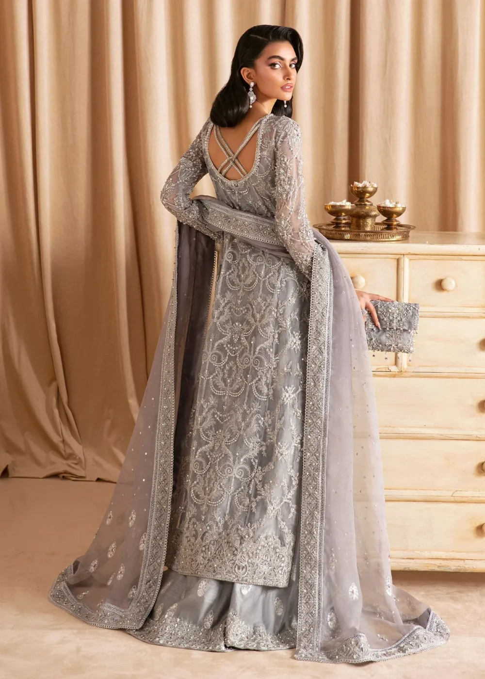 "Grey Embroidered Organza Long Shirt with Silver Details and Flared Pants"