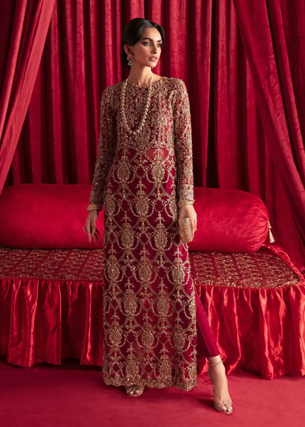 "Berry red organza long dress with intricate embellishments and sequins"