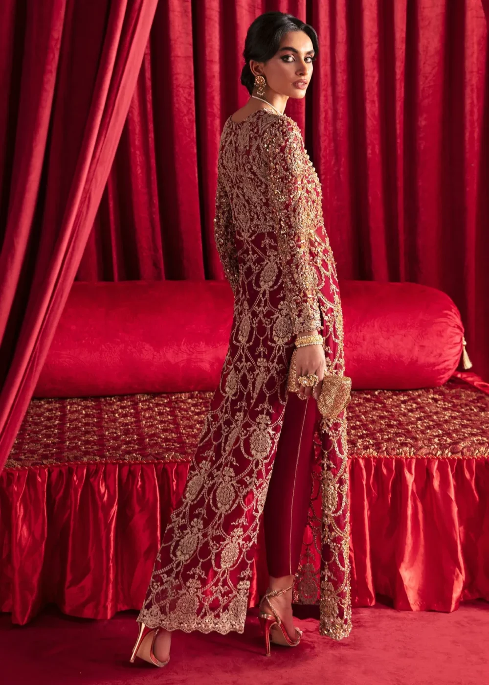 "Berry red organza long dress with intricate embellishments and sequins"
