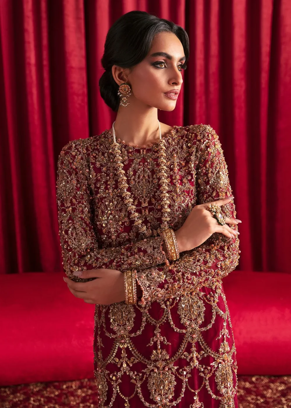 "Berry red organza long dress with intricate embellishments and sequins"