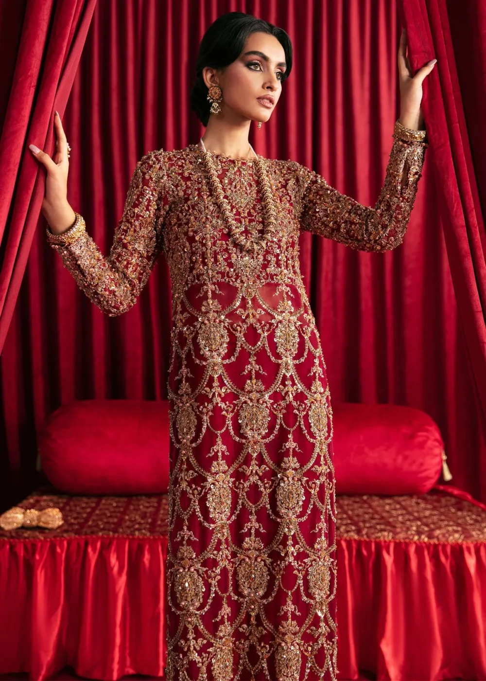 "Berry red organza long dress with intricate embellishments and sequins"