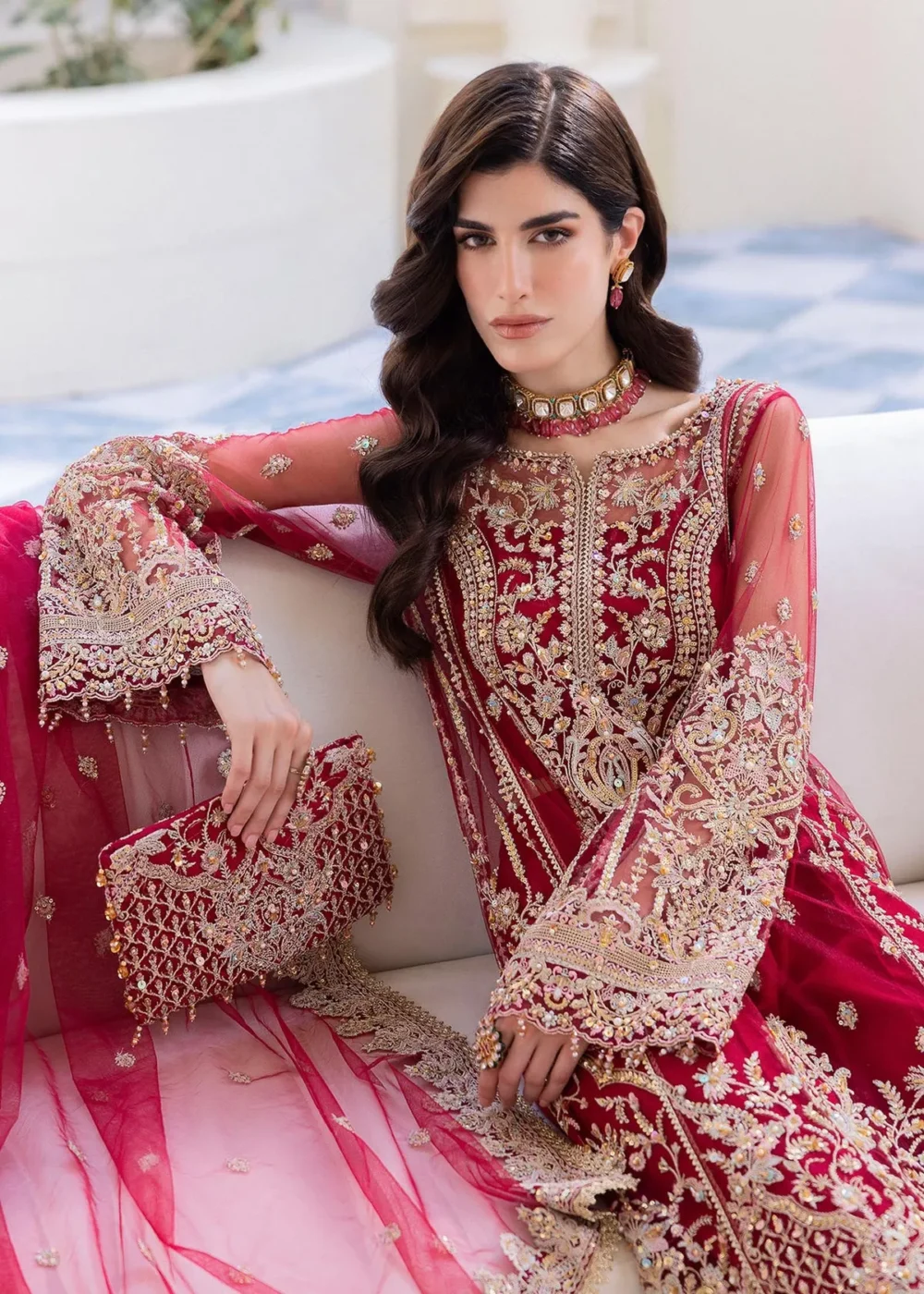 Red Net Embroidered Shirt Set with Culottes and Dupatta