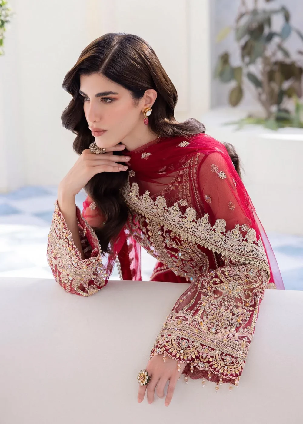 Red Net Embroidered Shirt Set with Culottes and Dupatta