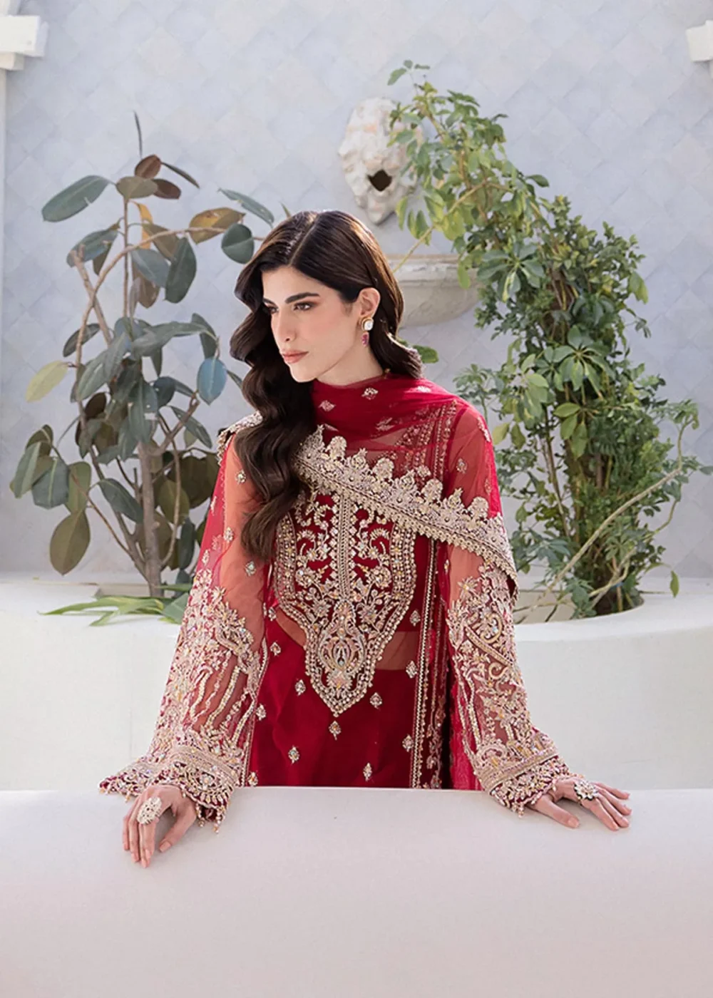 Red Net Embroidered Shirt Set with Culottes and Dupatta
