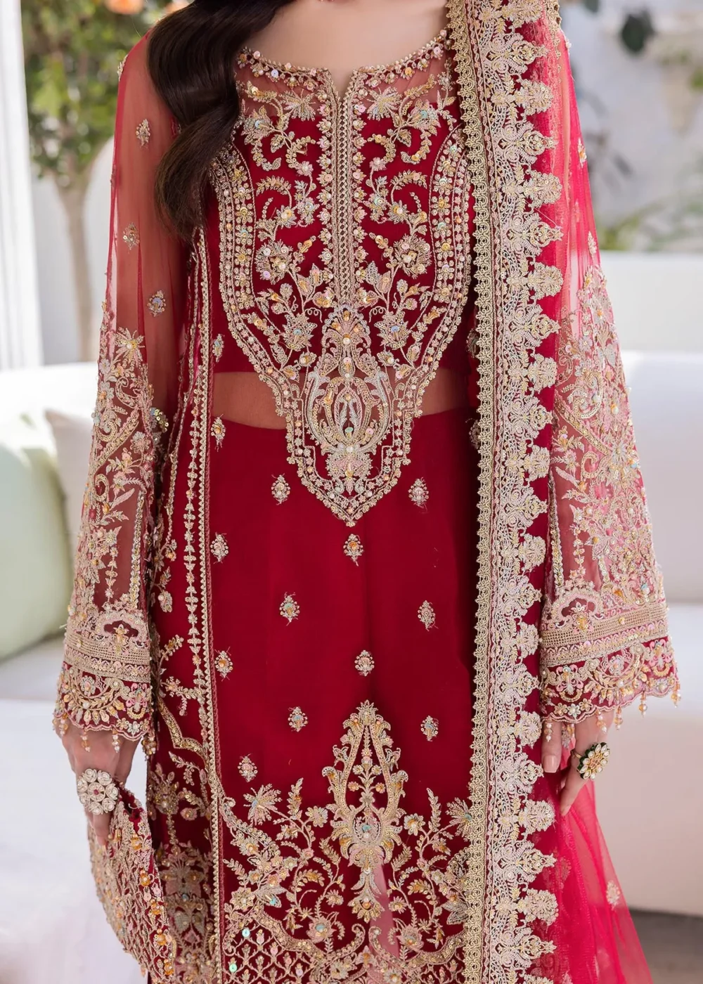 Red Net Embroidered Shirt Set with Culottes and Dupatta