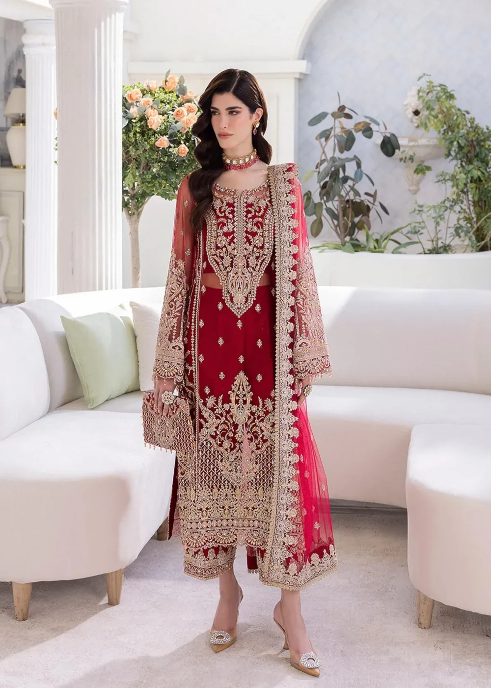 Red Net Embroidered Shirt Set with Culottes and Dupatta