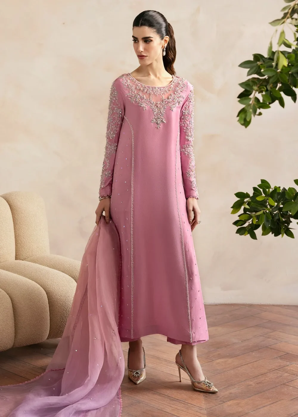 Arden Lilac Raw Silk Shirt with Fluid Culottes and Ombre Dupatta