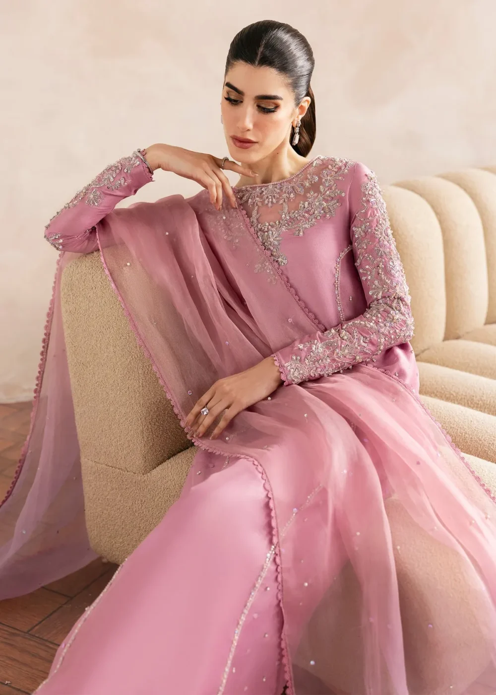 Arden Lilac Raw Silk Shirt with Fluid Culottes and Ombre Dupatta