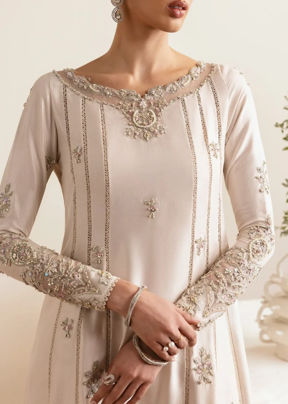 Friya Ivory Raw Silk A-Line Shirt with Culottes and Ruffled Dupatta