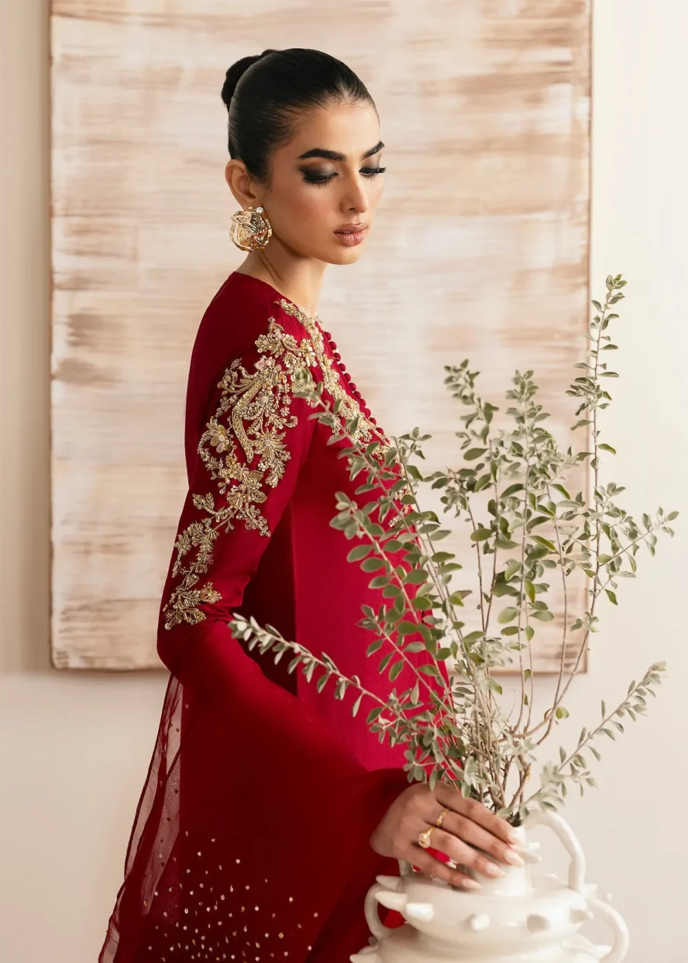 Rosia Crimson Silk Shirt with Cigarette Pants and Kathan Organza Dupatta