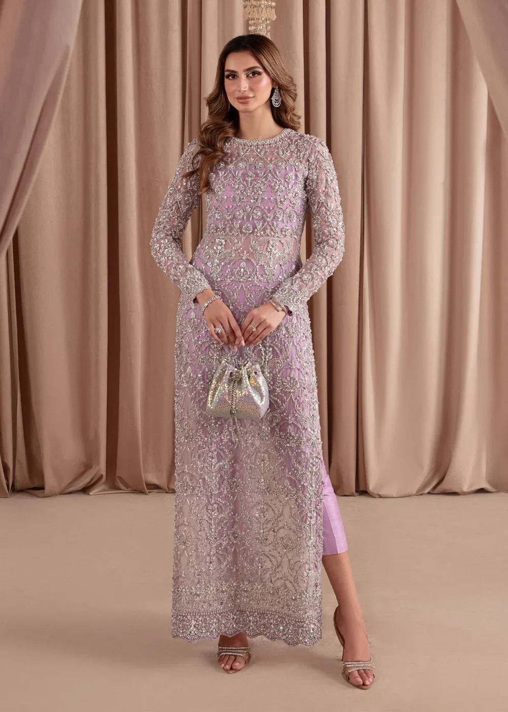 orlis Organza Dress with Silver Embellishments and Form-Fitting Bodice"