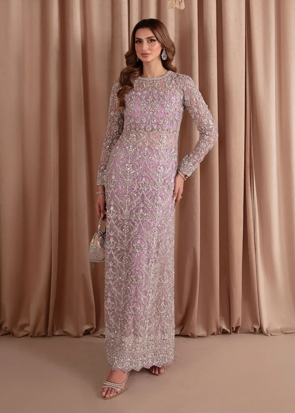 orlis Organza Dress with Silver Embellishments and Form-Fitting Bodice"