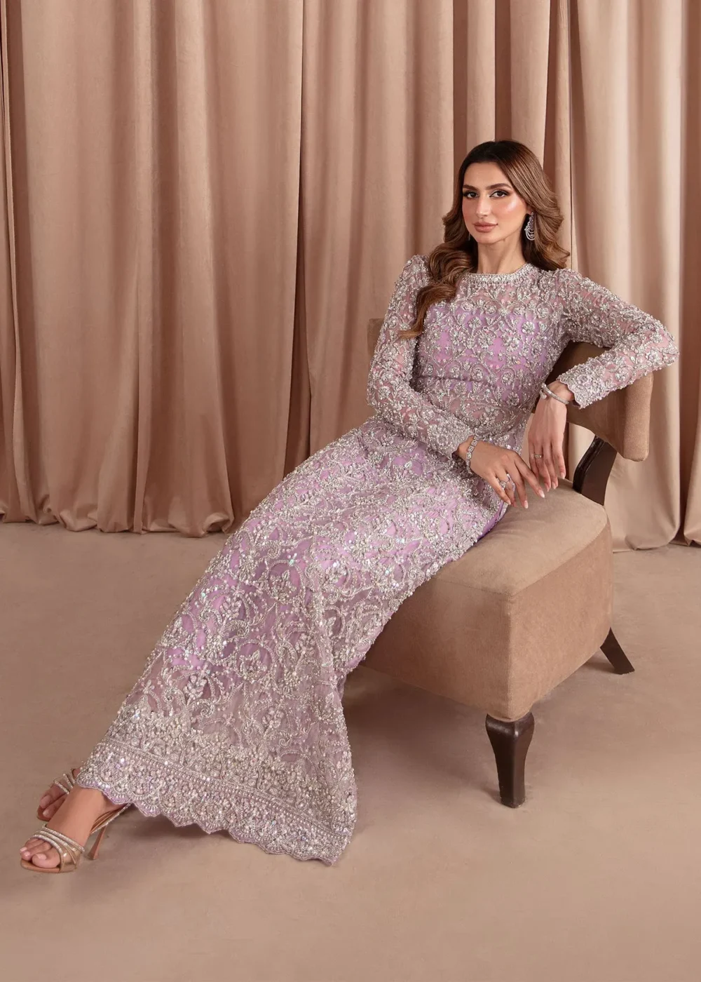 orlis Organza Dress with Silver Embellishments and Form-Fitting Bodice"