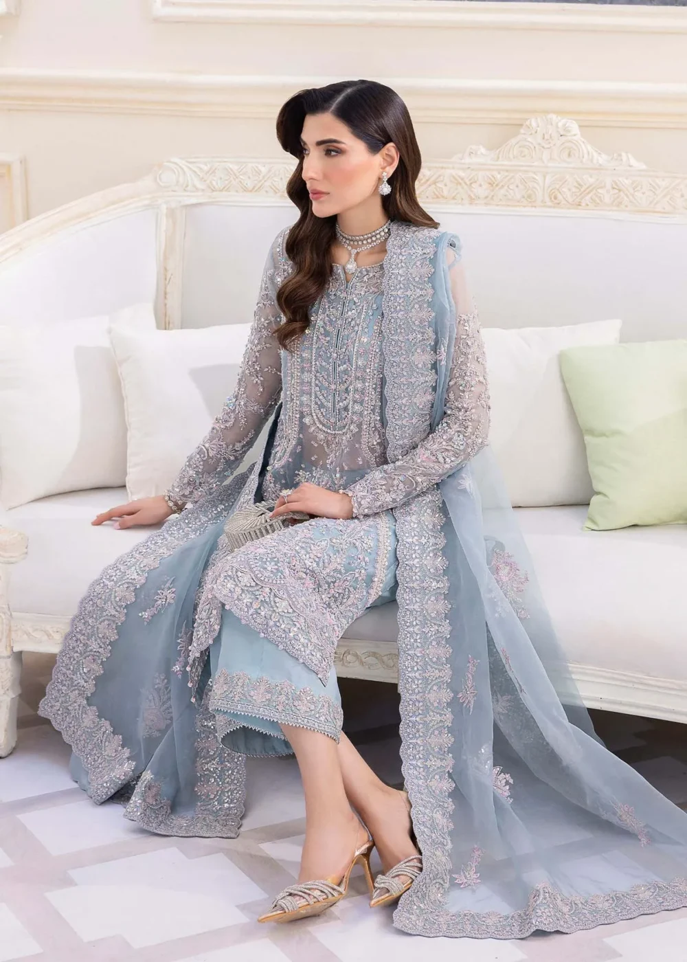 Ice Blue Organza Shirt with Silver Embellishments