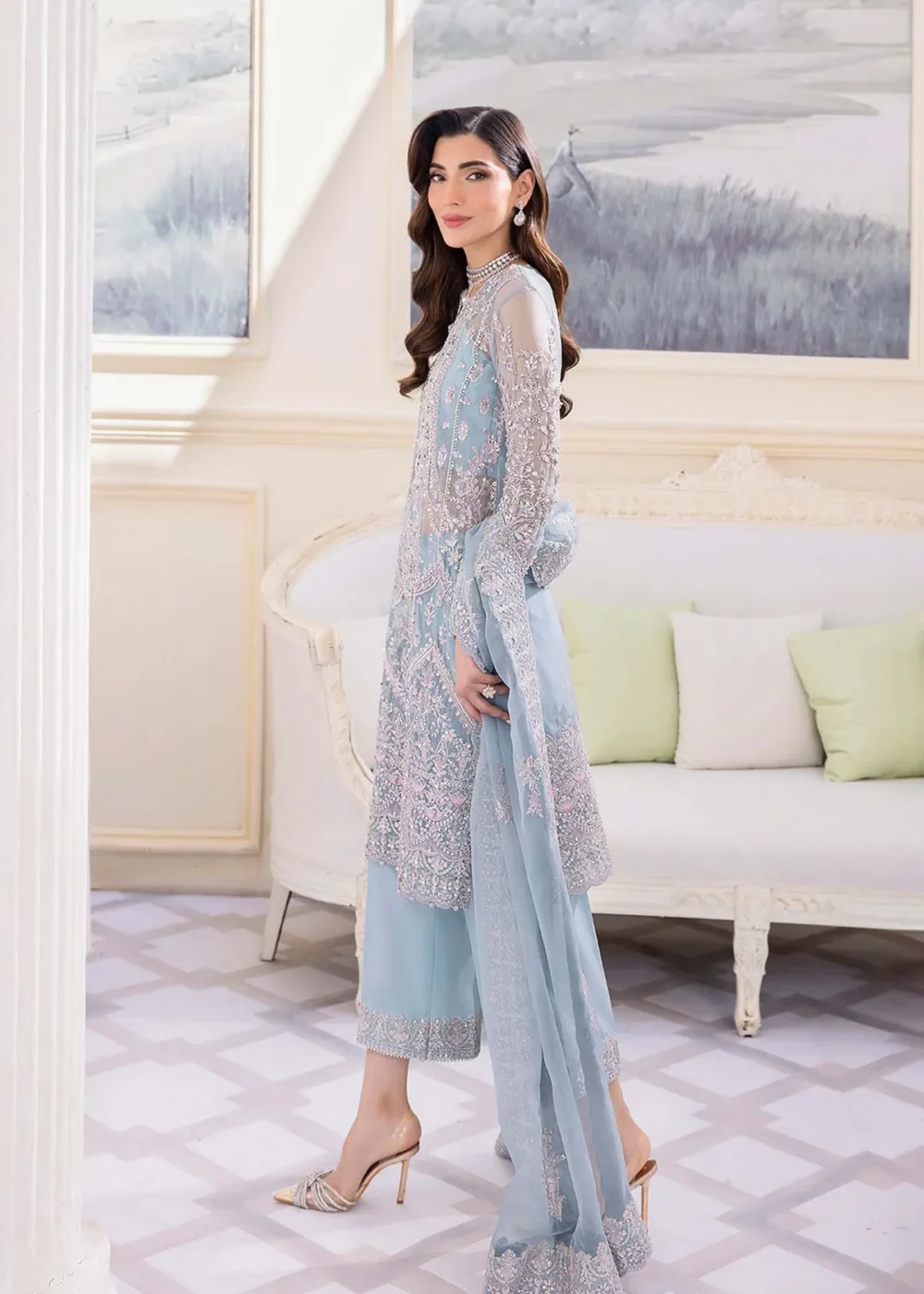 Ice Blue Organza Shirt with Silver Embellishments