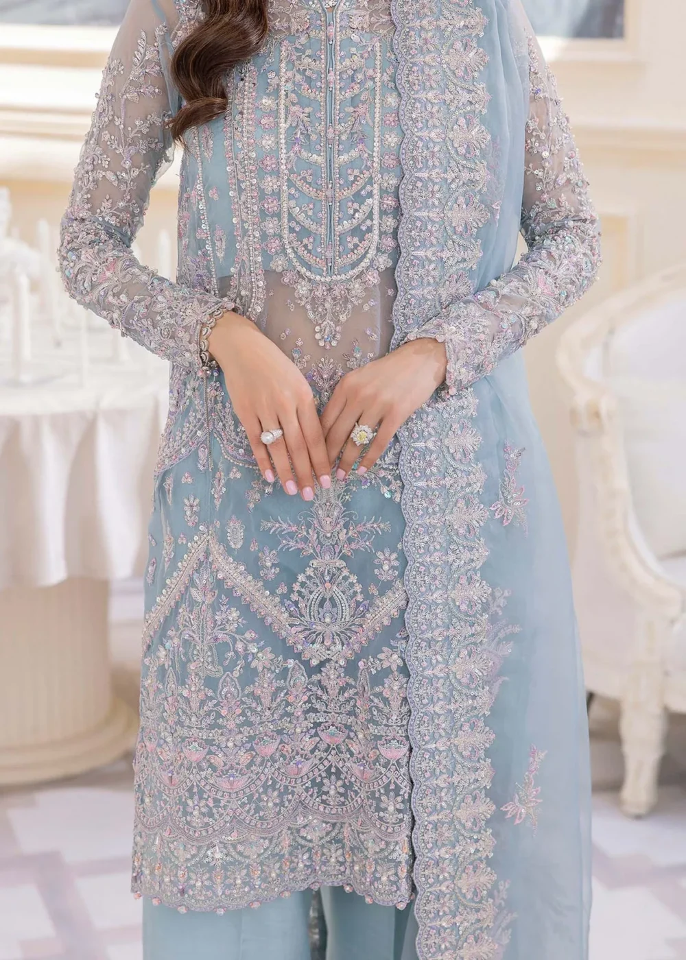 Ice Blue Organza Shirt with Silver Embellishments
