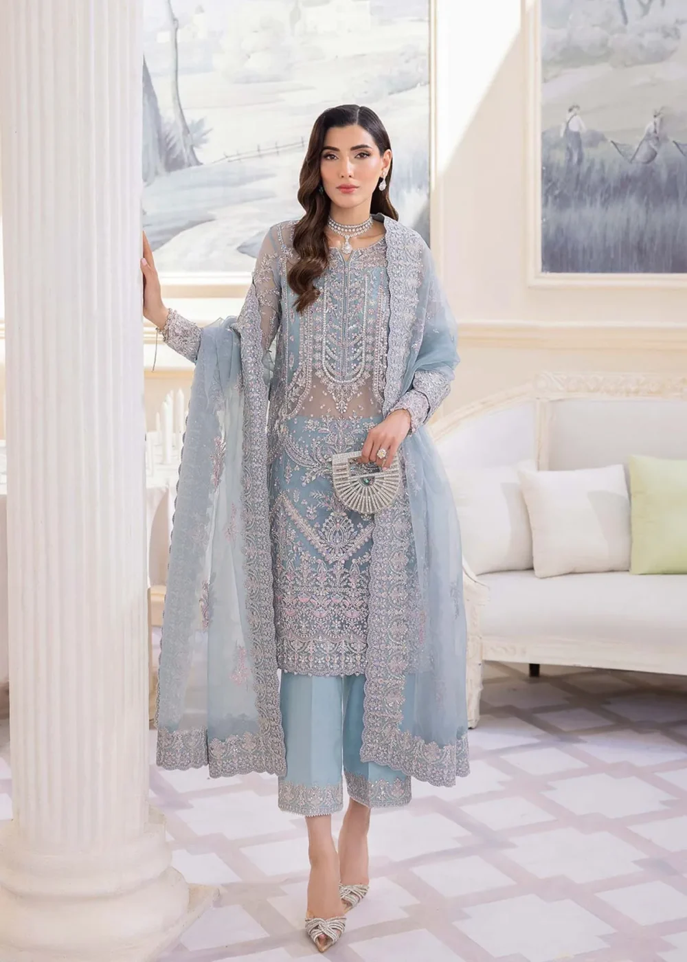 Ice Blue Organza Shirt with Silver Embellishments