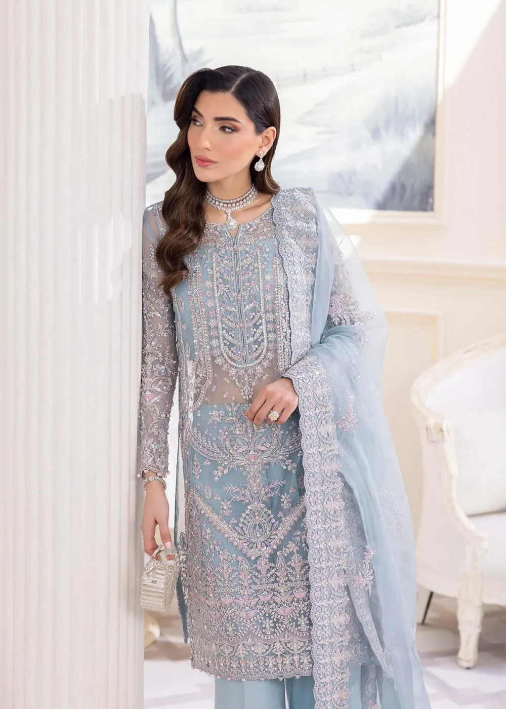 Ice Blue Organza Shirt with Silver Embellishments